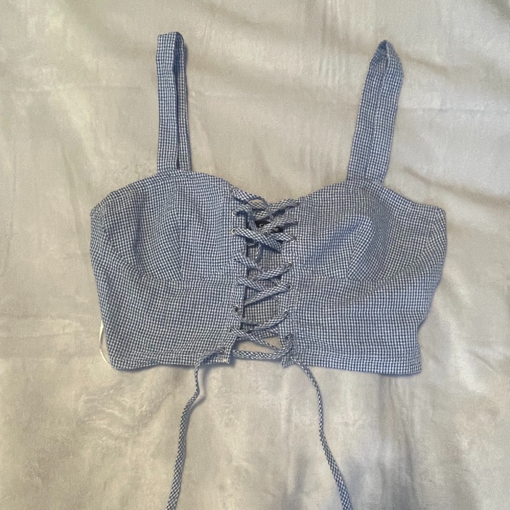 Call Me Eden Blue Gingham, Lace Up Bustier Crop Top